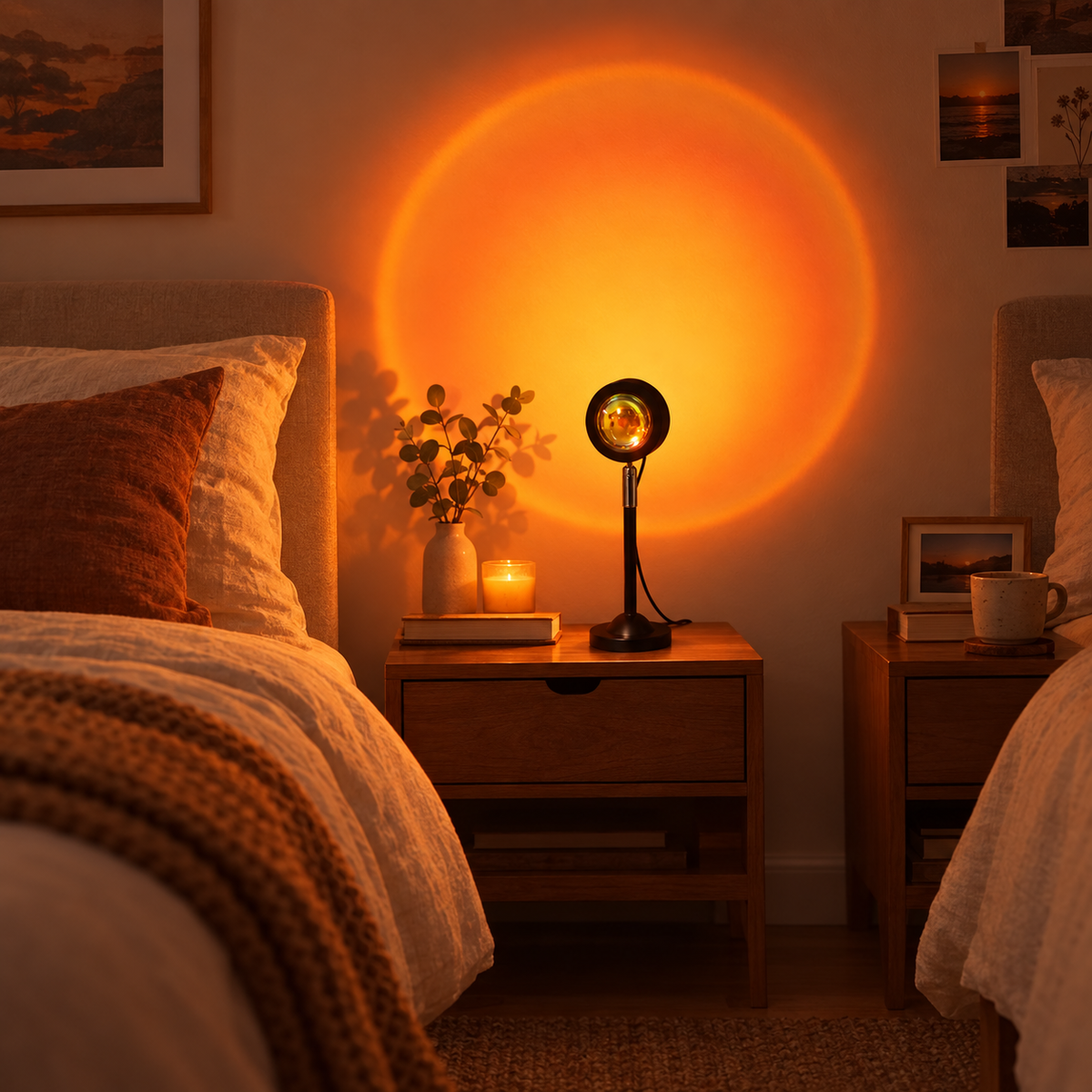 Slumbra Sunset Lamp projecting warm amber glow in a cozy shared bedroom
